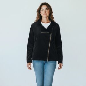 Eileen Fisher Black Fine Corduroy Cropped Jacket, Asymmetrical Front ZIpper, L